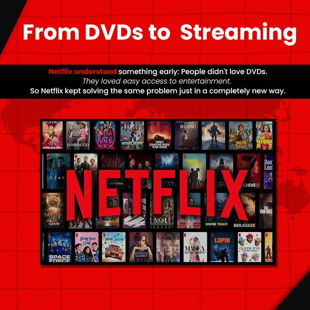BiztalBox's tweet photo. Before streaming, Netflix mailed DVDs to your door.

No queues.
No late fees.
No hassle.
Then technology changed.
Netflix changed with it.

Great businesses evolve with customer needs.

#BusinessStrategy #Entertainment  #Netflix https://t.co/CFED9p3U4W