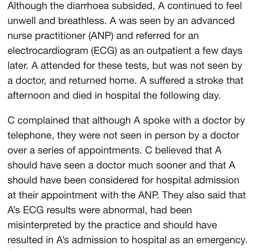medicalmodelbri's tweet photo. Another pt dead due to seeing noctors who can’t read ECGs instead of a GP

‘A was seen by an ANP and referred for an electrocardiogram (ECG) as an outpatient a few days later. A attended for these tests, but was not seen by a doctor, and returned home. ‘

https://t.co/N87HOSkIHm https://t.co/AF78bPAkwp