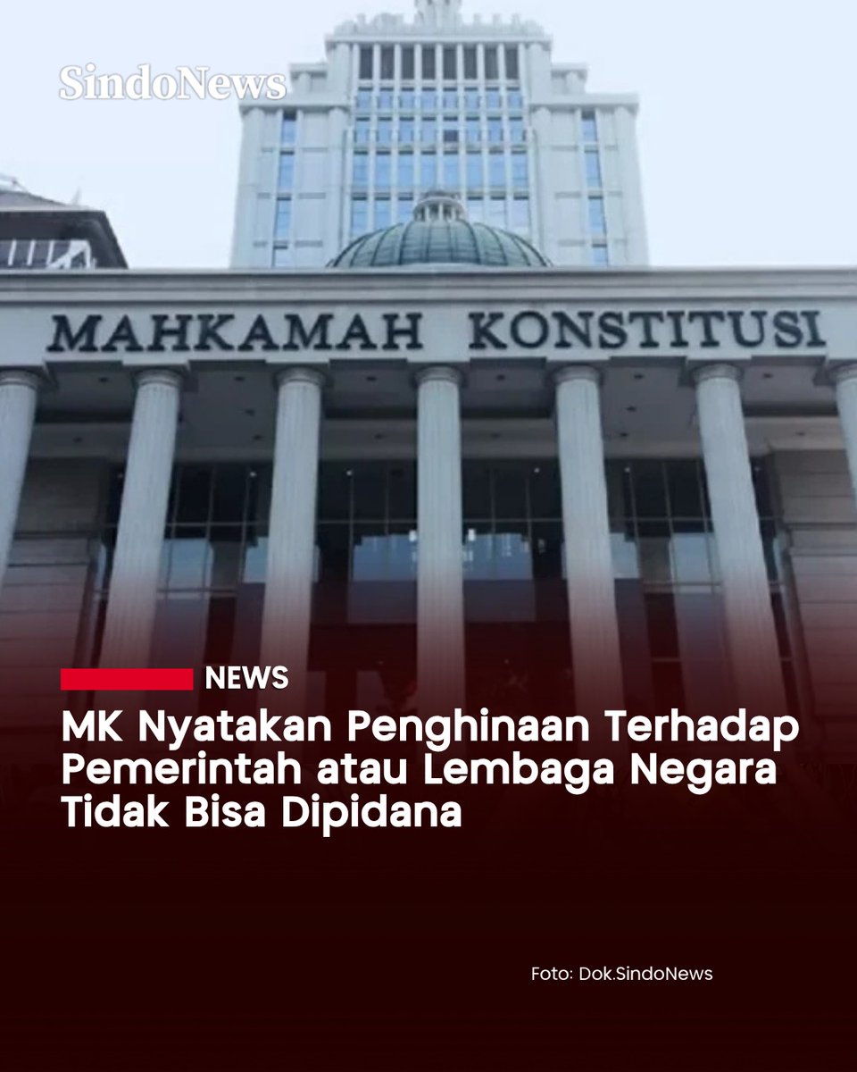 SINDOnews's tweet photo. Mahkamah Konstitusi (MK) mengabulkan seluruh permohonan perkara Nomor 282/PUU-XXIII/2025, pada Jumat (28/8/2026). Gugatan ini diajukan oleh 12 orang yang masih berstatus mahasiswa.

"Mengabulkan permohonan para pemohon untuk seluruhnya," kata Ketua MK, Suhartoyo ketika membacakan amar putusan, Jumat (28/8/2026).

Diketahui para pemohon melakukan pengujian materiil Pasal 240 dan Pasal 241 Undang-Undang Nomor 1 Tahun 2023 tentang Kitab Undang-Undang Hukum Pidana (KUHP). Pasal 240 mengatur tentang Penghinaan terhadap Pemerintah atau Lembaga Negara.

https://t.co/U8t9e1WnLU