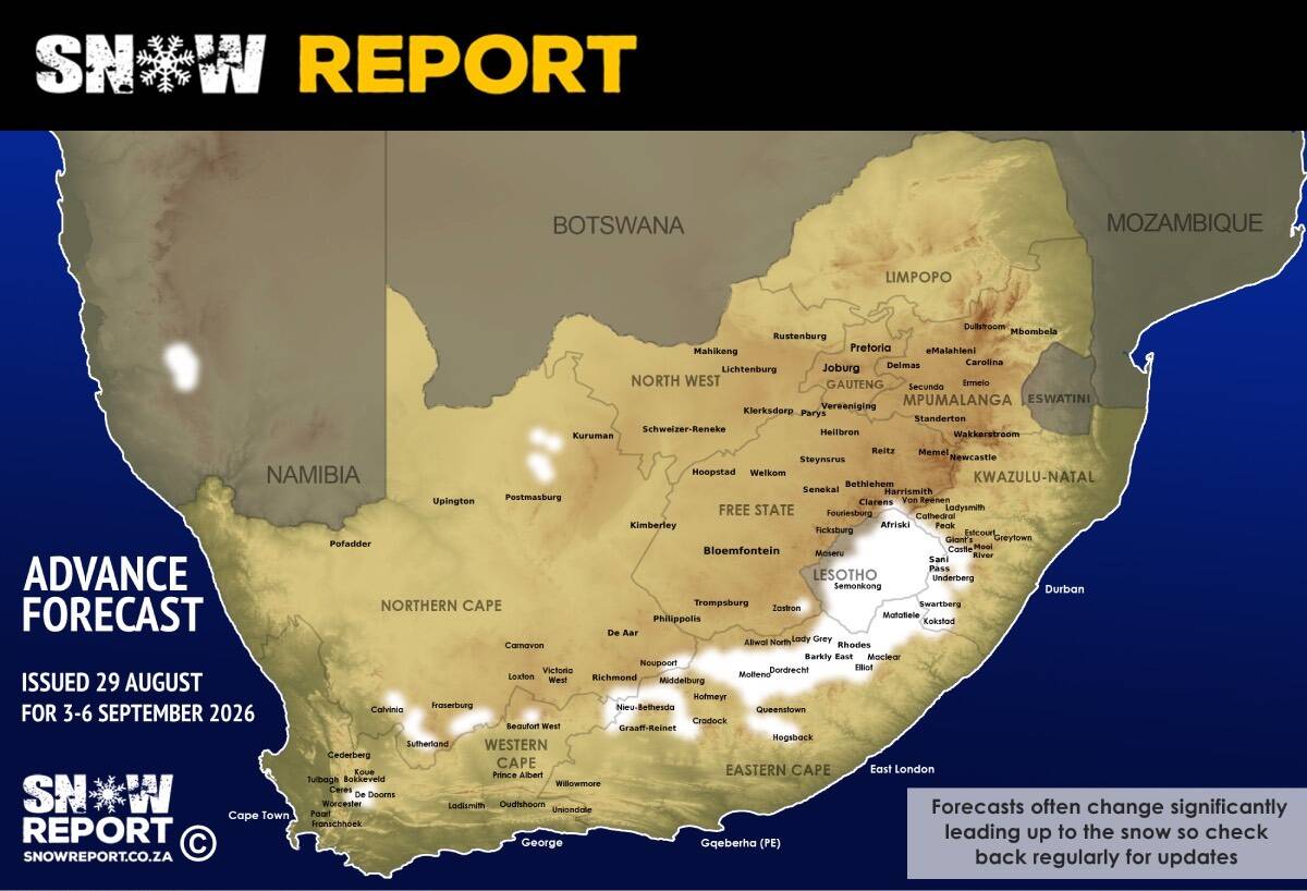 SnowReportSA's tweet photo. ❄ ADVANCE SNOW FORECAST: Snow back on the radar for South Africa, Lesotho and now Namibia too - more details at https://t.co/qs5oMScTA4 #snowreportsa #africansnow #weather https://t.co/HufwGJIZd2