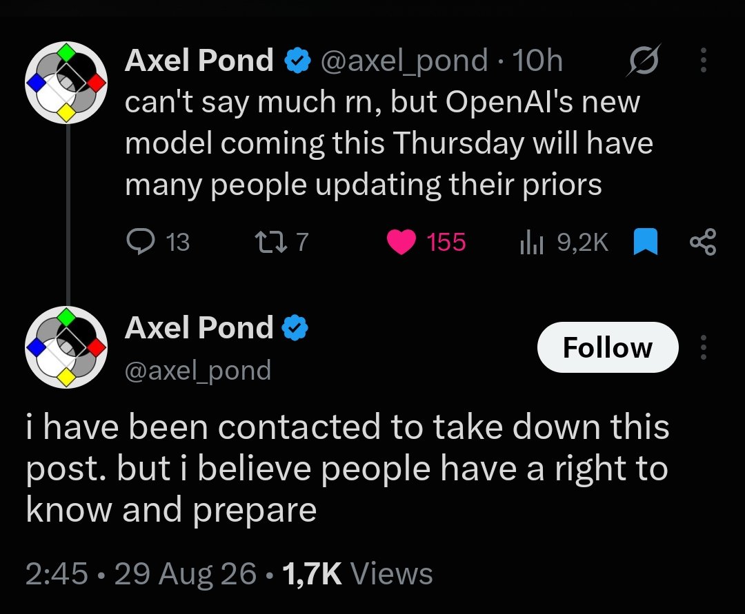 mark_k's tweet photo. Screenshotted before it gets deleted:

Astra by @OpenAI is allegedly coming next Thursday, according to @axel_pond. https://t.co/q8DSzxlIgT