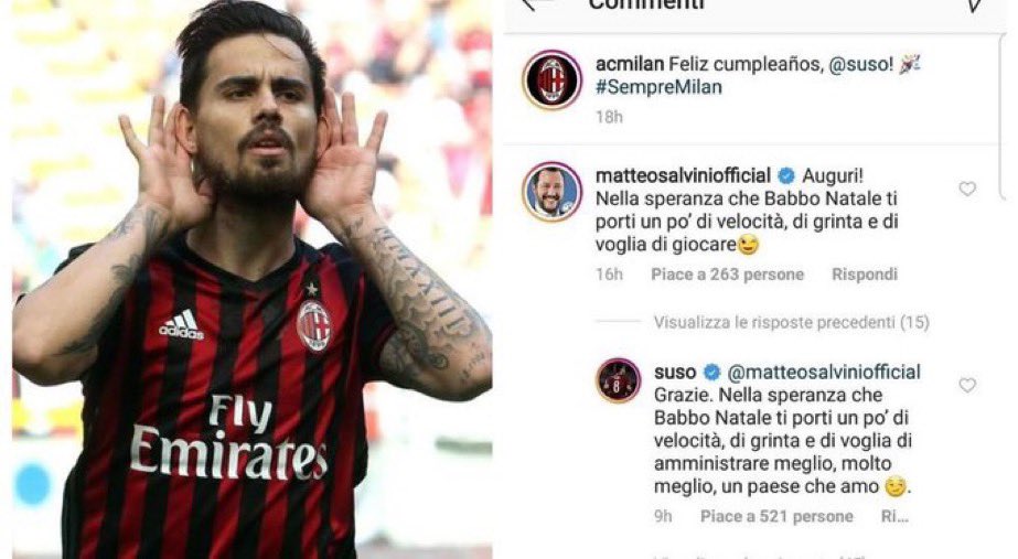 manueldelucaa's tweet photo. Nel 18/19 un vero e proprio demone, quel “Suso, prende palla, se la mette sul mancino!” non me lo scorderò mai. Peccato per Giampaolo che lo uccise per la sua fissazione del trequartista, però è un giocatore che porterò sempre nel cuore. 

Ah e il beef con Salvini tanta roba https://t.co/oXSH2w7xl9