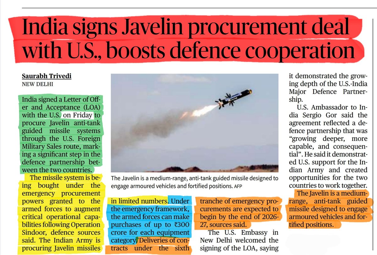 jagmohanmehta's tweet photo. Javelin is a medium-range, man-portable anti-tank guided missile (ATGM) developed by the United States.

Javelin is a medium-range, man-portable, shoulder-launched, fire-and-forget ATGM designed mainly to destroy tanks and other armoured vehicles, and can also engage fortified positions.

It has an effective range of approximately 65 metres to 4 kilometres under most operational conditions. 

Read The Hindu Article

#Javelin #UPSC #UPSC2027 #UPSCPrelims2027