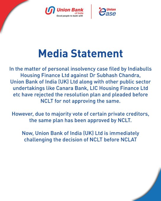 Ashok_Kashmir's tweet photo. HDFC के बाद यूनियन बैंक ऑफ इंडिया ने भी कहा कि वह सुभाष चंद्रा के हेयरकट मामले पर NCLT के फैसले को चुनौती देगा। 

इन बैंकों को बचाने के लिए लगातार आवाज़ उठाइए क्योंकि इनमें आपके और हमारे पैसे हैं जो चंद्रा जैसों पर लुटाए जा रहे हैं। https://t.co/UVItQnaJH8