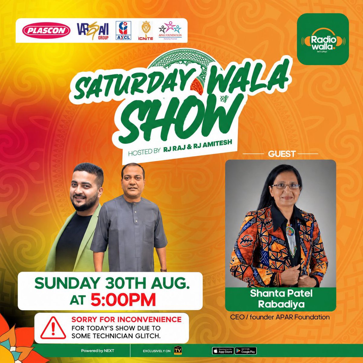 RadioWallaUg's tweet photo. We sincerely apologize for today’s inconvenience. Due to some technical glitch, we couldn’t go live.

Join us TOMORROW
 Guest: Shanta Patel Rabadiya - CEO /
Founder APAR Foundation
Hosted by: RJ. Raj &amp; RJ. Amitesh

#RadioWallaUG #SaturdayWalaShow https://t.co/ybZeJViU4A