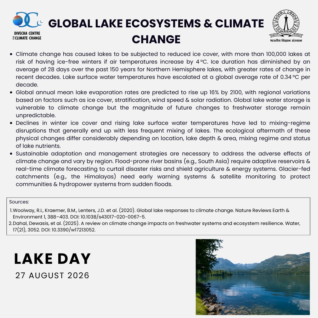 DivechaFor's tweet photo. We outline the effects of climate change on lake ecosystems.

#LakeDay #Lakes #LakeEcosystems #ClimateChange #FreshwaterEcosystems #WaterSecurity #Biodiversity #ClimateResilience #FreshwaterConservation #DCCC https://t.co/3dEzTjXkbH