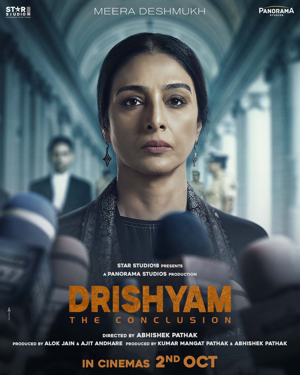 taran_adarsh's tweet photo. 'DRISHYAM THE CONCLUSION' GETS BIGGER FOR ITS FINAL CHAPTER – FIRST LOOK POSTERS UNVEILED – 2 OCT 2026 RELEASE... The much-loved and immensely successful #Drishyam franchise returns with its final chapter – #DrishyamTheConclusion.

The makers have unveiled a striking series of first-look character posters, bringing audiences face-to-face with the key players who will shape this concluding chapter.

The story begins where the second part ends, but with a fresh take… An entirely new screenplay... And the return of #AjayDevgn as the iconic #VijaySalgaonkar.

Also returning are #Tabu, #ShriyaSaran, #RajatKapoor, #KamleshSawant, #IshitaDutta, and #MrunalJadhav.

#JaideepAhlawat and #PrakashRaj join the ensemble in exciting new roles.

Presented by Star Studio18, the Panorama Studios production is directed by Abhishek Pathak and written by Abhishek Pathak, Aamil Keeyan Khan and Parveez Shaikh.

Produced by Alok Jain, Ajit Andhare, Kumar Mangat Pathak, and Abhishek Pathak, #DrishyamTheConclusion arrives in cinemas on 2 Oct 2026 [#GandhiJayanti]. 

#DrishyamDay | #2ndOct