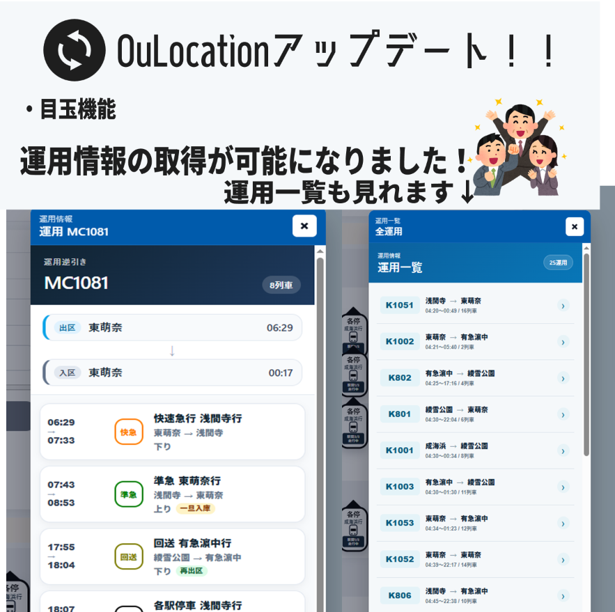 Kusunoki_Gaming's tweet photo. #OudiaSecond のデータを簡単に走行位置画面風にできる「OuLocation」、アップデート！

主な機能として運用取得が本格的に可能になったほか、
特定の駅・種別を非表示にできるようになりました

特に運用の取得を可能にしてくださったOudia2ndの製作者様には頭が上がりません、ありがとうございます！ https://t.co/65wLFuFfco