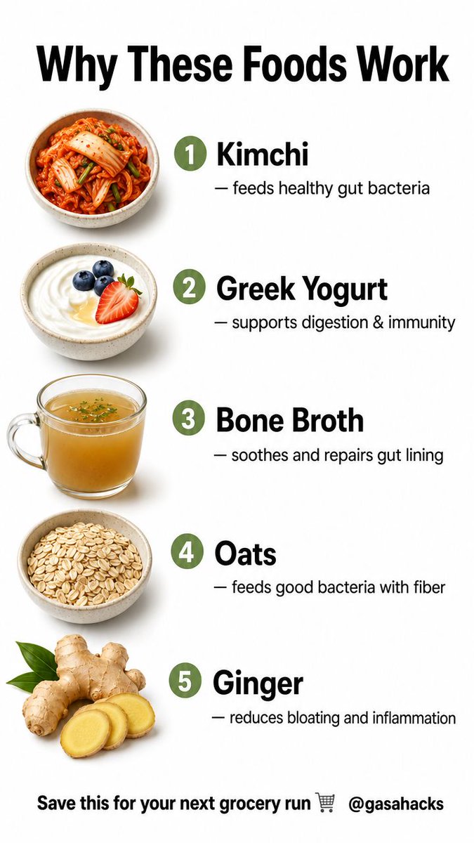 GasaHacks1's tweet photo. 5 simple foods that support a healthier gut 🌱 Swipe to see why each one works — and save this for your next grocery run 🛒

#GutHealth #HealthyEating #Probiotics #Wellness #GASAHacks #NutritionTips https://t.co/cutXAB2MCz