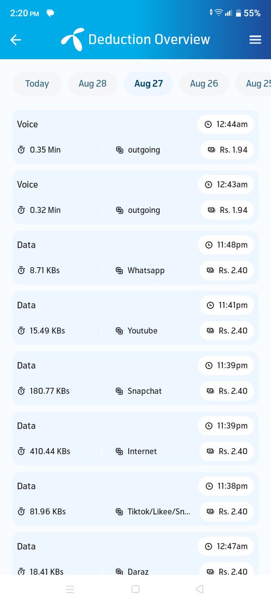 fachifaraz15's tweet photo. On August 27, my balance was Rs. 178. I used mobile data for about an hour, and my balance went down to Rs. 142, which was completely fine.
However, after 12 AM until around 7 AM, my balance kept getting deducted even though my mobile data was turned off... @telenorpakistan  😡😡 https://t.co/7RAVDjXi3f