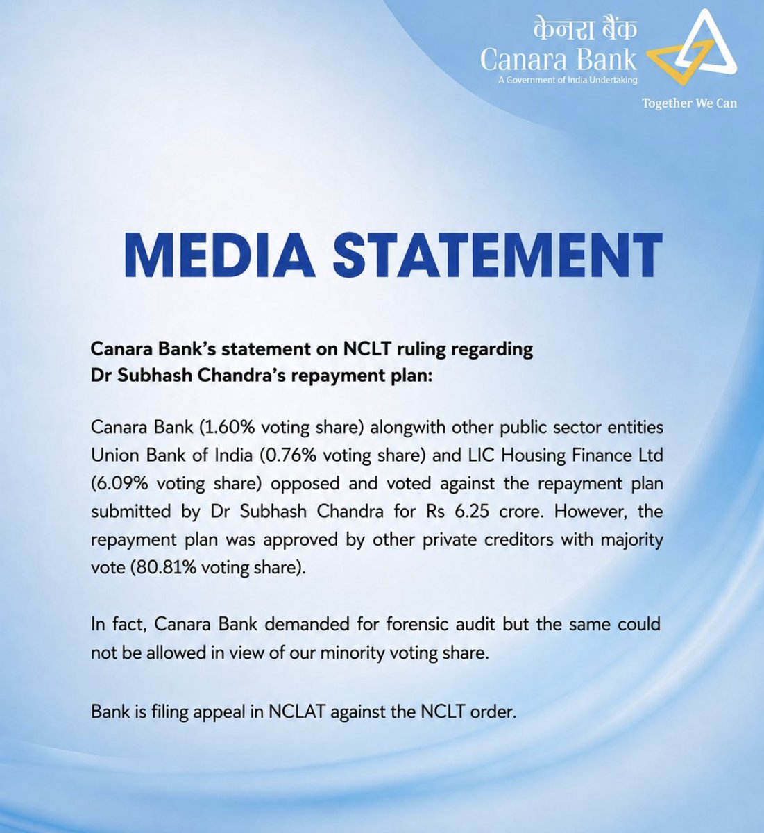 PiyushPadmakar's tweet photo. #SubhashChandra : Canara Bank का बयान और तीखा: 
1. इस बैंक ने Forensic audit की मांग की 
2. ये बैंक भी Repayment Plan के विरोध में
3. LIC, यूनियन बैंक , Canara Bank NCLAT जाएंगे । सरकारी बैंक सुभाष चंद्रा के विरोध में।मुसीबत बढ़ी ।बचानेवाला शायद अब कोई नहीं https://t.co/2ocdgTKOua