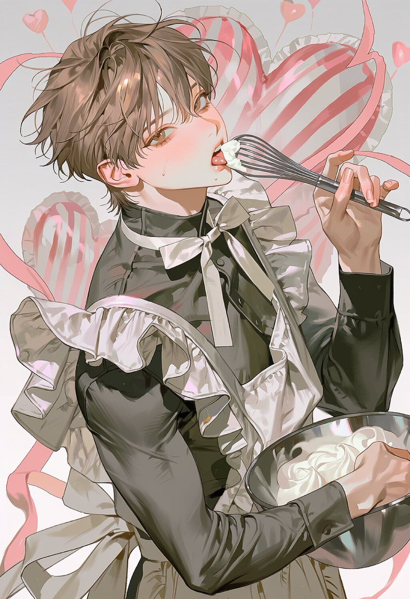nd4gb's tweet photo. #Z9planet_prompt
*
남캐도 이뿌게 잘 나와요 🫧
*
*
upper body, three-quarter view, body leaning backward, head tilted back slightly, playful pose, holding a metal whisk near mouth, fluffy whipped cream coating the whisk, licking whipped cream from the whisk, tongue touching cream, other hand holding a stainless steel mixing bowl filled with whipped cream, baking pose, puffed long sleeves, fitted cute dress, high collar, large ribbon bow at neck, ruffled trim, wide waist sash, huge bow tied at waist, long flowing ribbon tails, oversized striped heart in background, fluffy clouds, floating hearts, candy decorations, pink monochrome background, cute valentine baking theme, dynamic composition, slight low angle