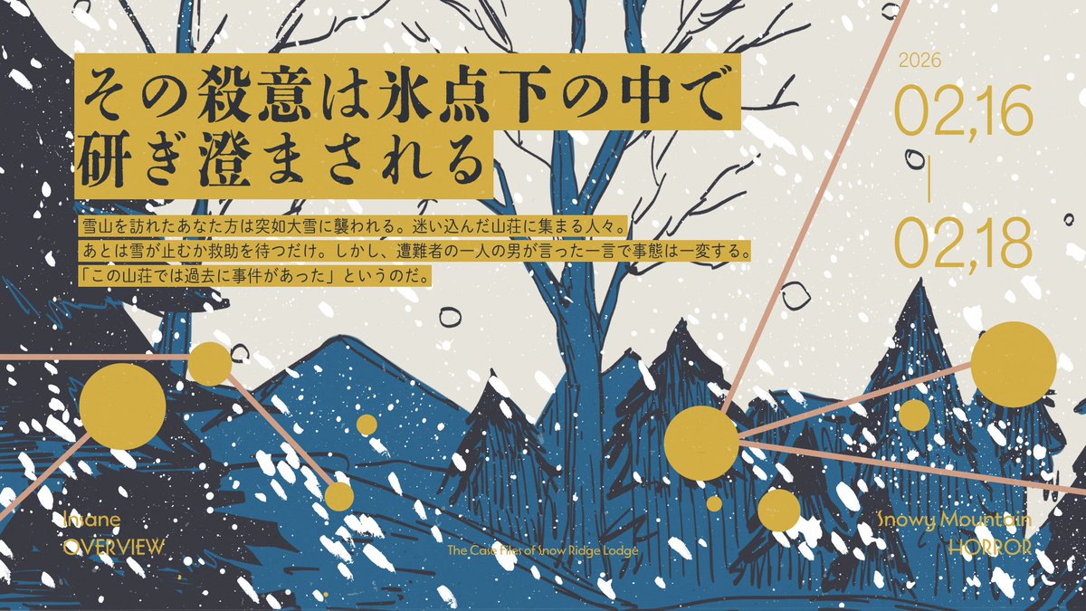 sashiking4720's tweet photo. 𝙞𝙣𝙎𝘼𝙉𝙚
「雪嶺山荘の事件簿」

雪山を訪れたあなた方は突如大雪に襲われる。
迷い込んだ山荘に集まる人々。
あとは雪が止むか救助を待つだけ。
しかし、遭難者の一人の男が言った一言で事態は一変する。
「この山荘では過去に事件があった」というのだ。

✦4PLシナリオ / 3サイクル / 現代日本
✦ボイセ4~7時間
✦雪山ホラー

#TRPGマーケット2026_告知 
#TRPGマーケット2026_新作