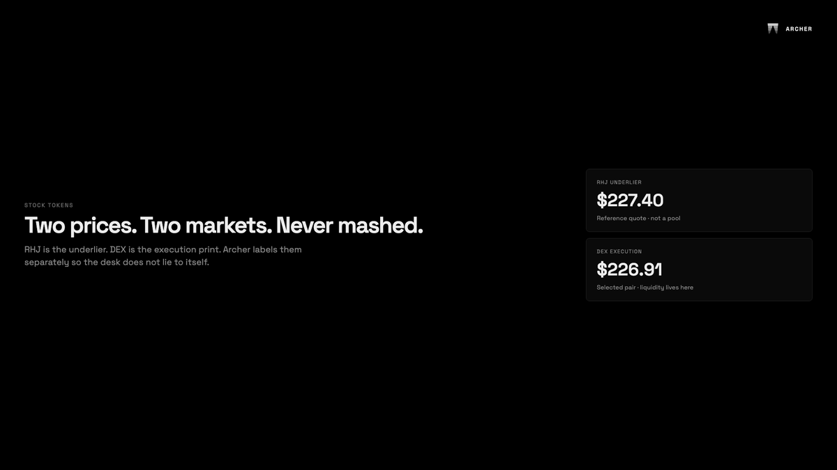 archeragentAI's tweet photo. AAPL is not one number.

RHJ is the underlier. DEX is the execution print. Archer labels them separately.

Two markets. Two prices. No mashup. https://t.co/EGKmcdY7D6
