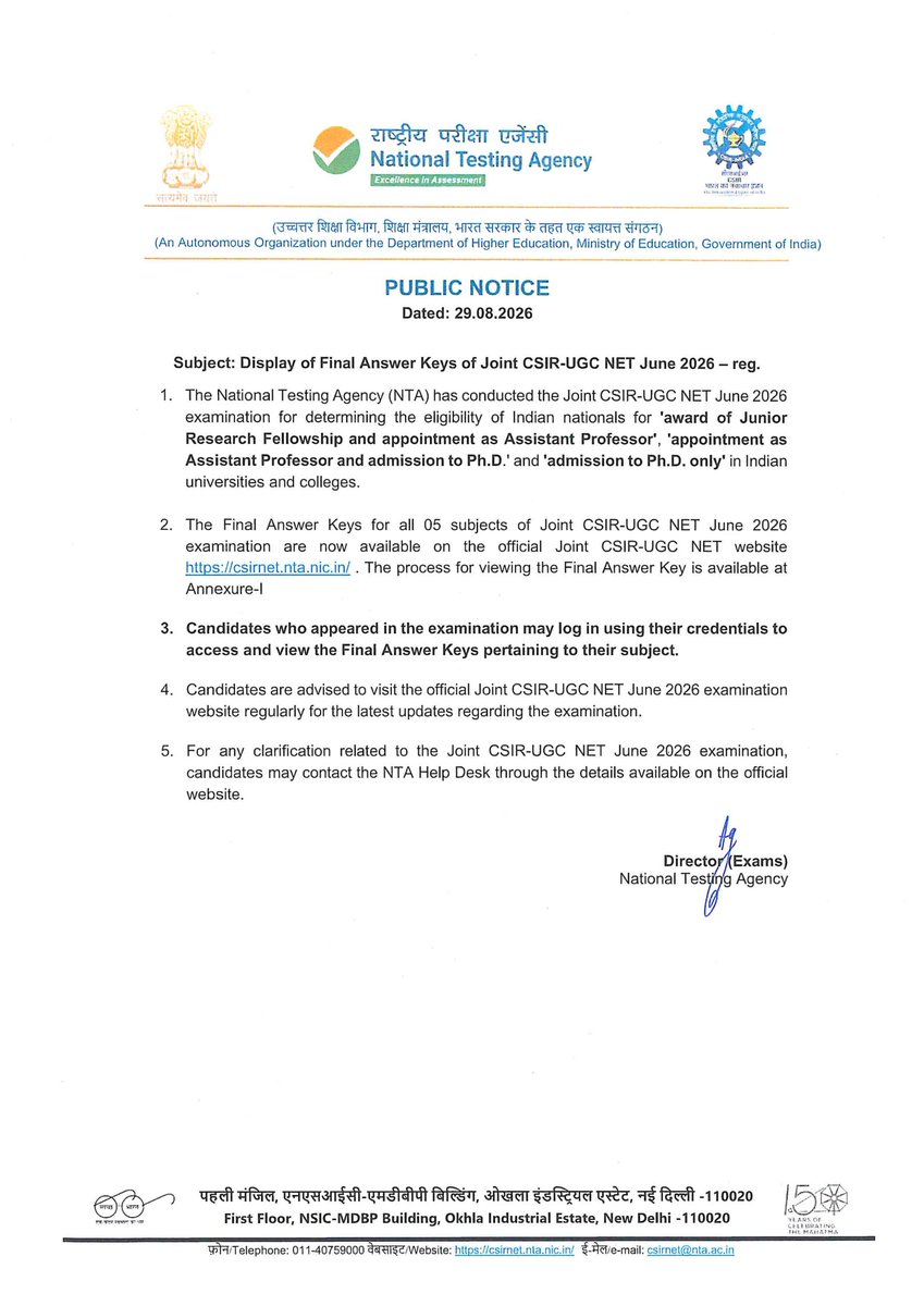 nta_updates's tweet photo. The Final Answer Keys for the Joint CSIR-UGC NET June 2026 examination have been released. Candidates can check the final answer keys on the official CSIR-NET website
#CSIRNET #NTAUpdates #Answerkey https://t.co/3Aiq71U3wH