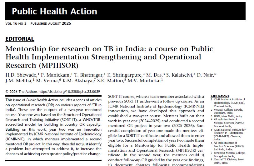HShewade's tweet photo. 1/6
Pleased to shared the 'TB in India' Collection that has been published in Public Health Action journal: https://t.co/DAmFmQmnyG
Here is the link to the covering Editorial: https://t.co/9MNyTmUvSl

#MPHISOR #SORTIT #NIEORCourses #ICMRNIEDelivers https://t.co/rRNfxXlfT9