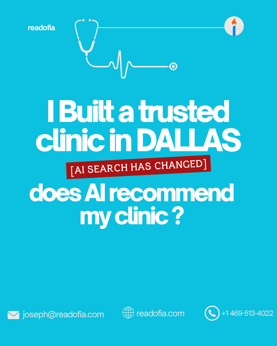 ReadoFia's tweet photo. You built a trusted clinic in Dallas. But does AI know enough about it to recommend it?

Patients are no longer relying only on traditional Google searches. They are also asking ChatGPT, Gemini and other AI tools to discover and compare nearby doctors and clinics.

If AI cannot clearly understand your services, medical expertise, location, reviews and online reputation, your clinic may be missing from the conversation.

Swipe through to understand what AI search visibility means for your clinic.

Check your clinic’s AI visibility at https://t.co/lIfGtfysdg

#dallasdoctors #dallasclinics #healthcaremarketing #AISearchVisibility #readofia