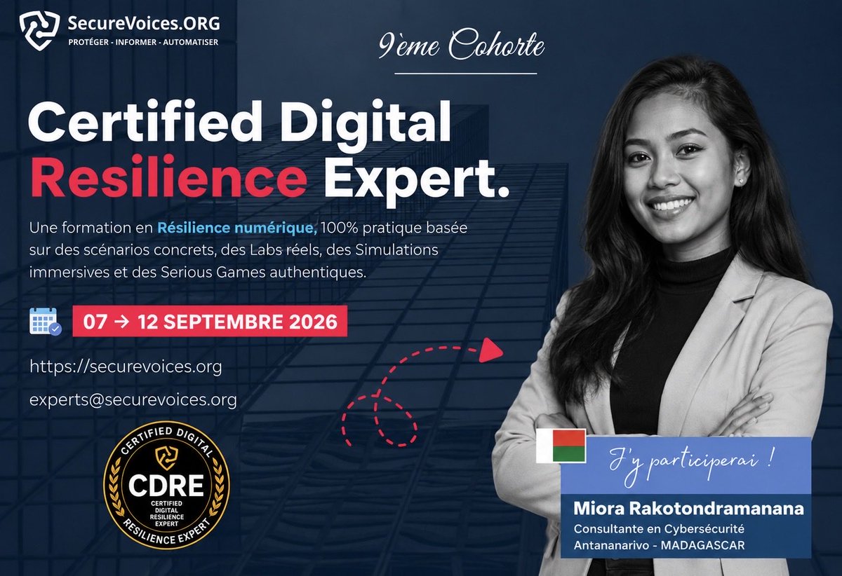 fyouzan's tweet photo. 💬 Formation en Cyber Résilience des organisations. 

- Dates : du 07 au u 12 septembre 2026
- Format : 100% en ligne
- Heures : 19H00 - 21H00 (UTC)

Les inscriptions sont ouvertes ! 🎉

🎯 Inscriptions : https://t.co/BryU0pq5x5 https://t.co/boi25n1lcd
