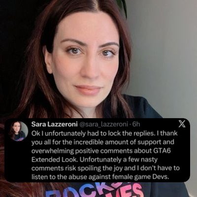 Gazz_54's tweet photo. I just found another mentally ill liberal woman who unfortunately works on GTA VI.

She’s crying, calling people’s criticism “abuse against female game devs,” and has locked the replies on all her posts.

These women are insufferable emotional retards who’ve now captured the entirety of Rockstar Games.

Very sad to see.