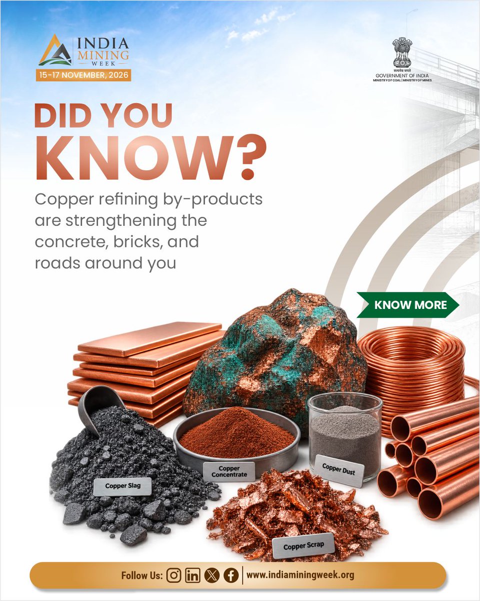 Official_IMW's tweet photo. From Waste to Wealth!

Did you know copper slag can be used in concrete, helping reduce the use of river sand and support stronger, more sustainable infrastructure? Discover how mining is turning waste into opportunity at India Mining Week 2026

📅 15–17 November 2026
📍 Yashobhoomi Convention Centre, Dwarka, New Delhi

Secure your visitor pass today! Register now at https://t.co/Pvgel6nRRo

#IndiaMiningWeek2026 #IndiaMiningWeek #IMW2026 #MinistryOfCoal #MinistryOfMines #Coal #Mining #MiningForTomorrow #WasteToWealth #CopperSlag #SustainableMining #MiningInnovation #DidYouKnow #NewDelhi