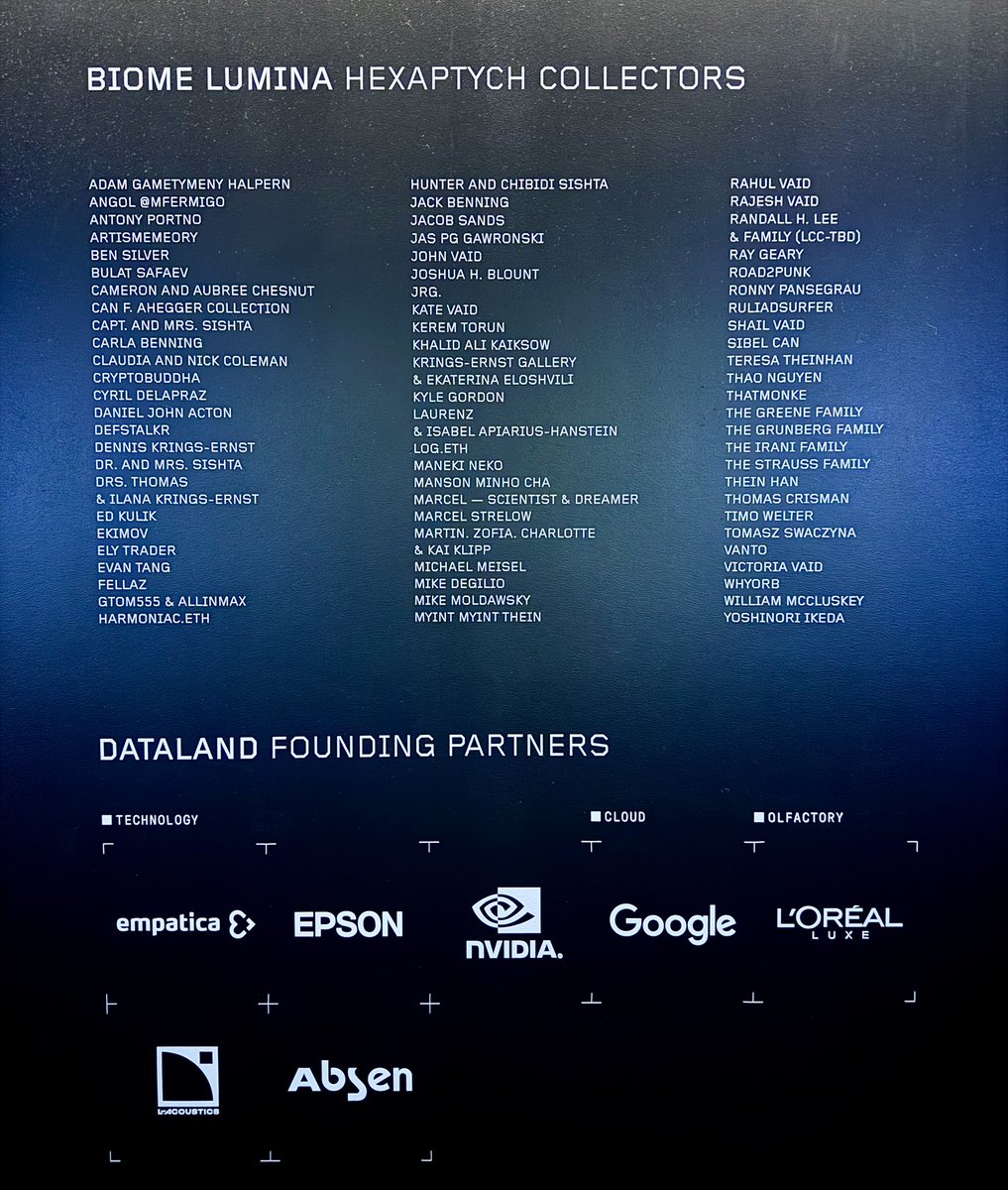 hqtang's tweet photo. visited Dataland by Refik Anadol in downtown LA recently and pretty cool to see some familiar names on the collector wall @mfermigo @DEFSTALKR https://t.co/EYywBfdg66