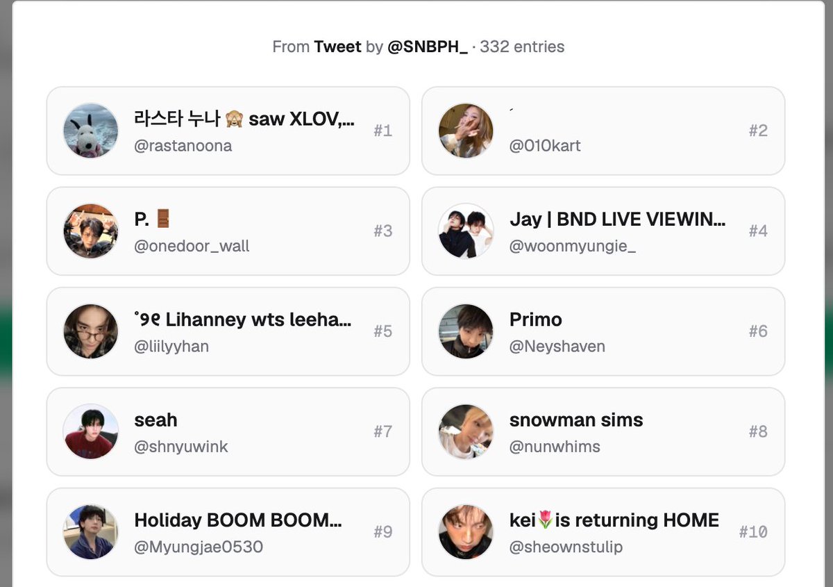 SNBPH_'s tweet photo. Sorry for the late draw, got busy ><

Congratulations to our winners:
@rastanoona 
@onedoor_wall 
@liilyyhan 
@shnyuwink 
@Myungjae0530 
@010kart 
@woonmyungie_ 
@Neyshaven 
@nunwhims 
@sheownstulip 

Please wait for my dm within the day~🥳 https://t.co/41zPdawOWv
