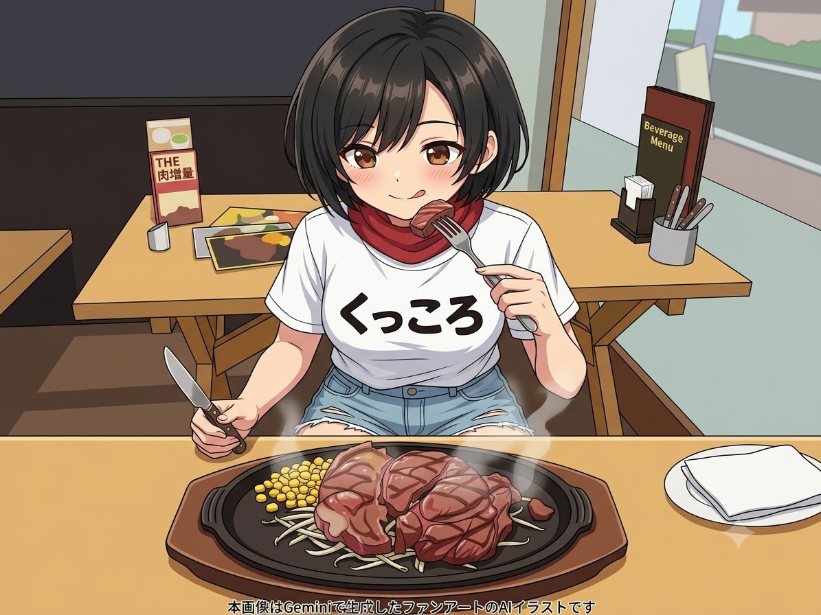 yuzukko_mk2's tweet photo. 伝説のステーキ屋閉店惜別記念に。楓にステーキを食していただきました(*´∀｀*)
#AIイラスト https://t.co/tjkf8cYnhM