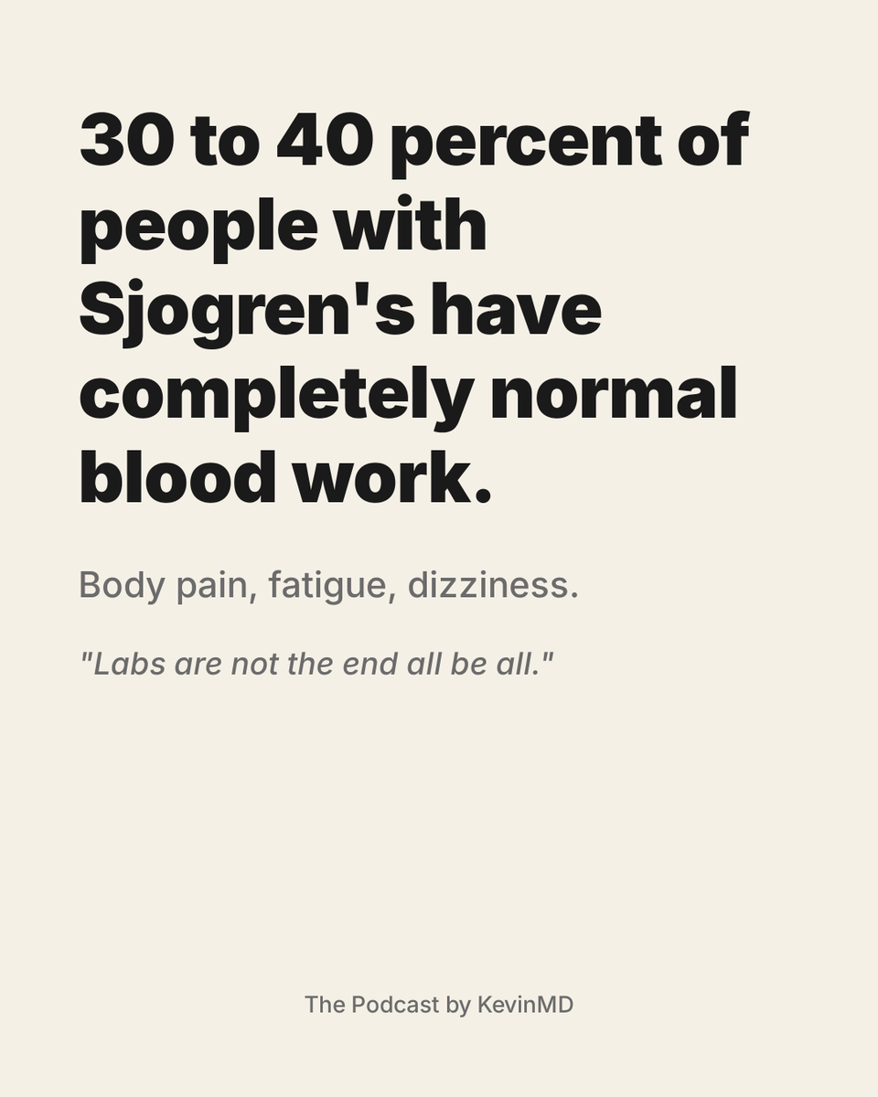 kevinmd's tweet photo. An autoimmune disease more common than lupus has zero approved treatments. And 30 to 40 percent of the people who have it show completely normal blood work.
 
Sjogren's disease affects about 1 in 100 people. Roughly 90 percent are women. Most clinicians learned it as a dryness syndrome, dry eyes and dry mouth, an afterthought at the end of the autoimmune lecture.
 
Kara Wada learned it differently. She's an adult and pediatric allergy, immunology, and lifestyle medicine physician, and she became the patient. A dental hygienist at a routine cleaning told her that her mouth tissues looked dry, and years of symptoms snapped into place: dry eye that ended her contact lenses, mascara she couldn't wear without looking like a raccoon, back pain that eased during pregnancy when everyone else's got worse, fatigue like gravity turned up a few notches.
 
She was fortunate. As an immunologist she knew which labs to order, and hers came back blatantly abnormal. For 30 to 40 percent of Sjogren's patients, they don't.
 
What she wants clinicians to know is that dryness will rarely be the chief complaint. Patients come in with body pain that sounds like fibromyalgia. Fatigue from the moment they wake up until they go to bed. Autonomic problems: trouble swallowing, gastric motility issues, constipation, dizziness on standing, heat intolerance. Sjogren's is a common cause of POTS and other forms of dysautonomia.
 
The diagnosis is clinical. Labs support it, but they aren't the end-all.
 
Treatment is where it gets uncomfortable. Hydroxychloroquine, methotrexate, and in severe cases rituximab are all used off label. Nothing is approved for Sjogren's itself. Several drugs are in phase 3 trials now, and Wada is going through screening for one of them. She says there's an undercurrent of hope in the patient community for the first time.
 
The cost is real even when the disease is held in check. After a significant flare, Wada cut her clinic time to half for a while, rebuilt her life around sleep and pacing, and describes her energy like an old iPhone battery: slower to recharge, quicker to drain. She is back up to about three-quarter time and has since had another child.
 
Meanwhile, some rheumatologists still describe it as a nuisance disease, and patients describe being gaslit when their pain and fatigue aren't taken seriously.
 
Her ask of colleagues is small and specific: "Just at least have Sjogren's on your differential. And it doesn't always mean just dry eyes and dry mouth."
 
Listen to the full conversation on The Podcast by KevinMD. Link in the replies.
 
What condition were you taught to treat as minor that your patients experience as anything but? #ThePodcastbyKevinMD