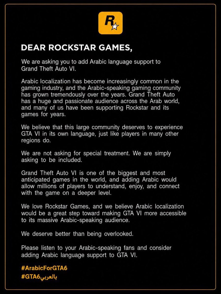 MT_100M's tweet photo. نطالب @RockstarGames بإضافة دعم اللغة العربية للعبة GTA VI! المجتمع العربي كبير وشغوف ويستحق تجربة اللعبة بلغته الأم.
​صوتنا واحد :
#ArabicForGTA6
#بالعربيGTA6
​Dear @RockstarGames, please add Arabic language support to GTA VI! Arabic fans deserve to play in their language https://t.co/dwKZ2KcHNK