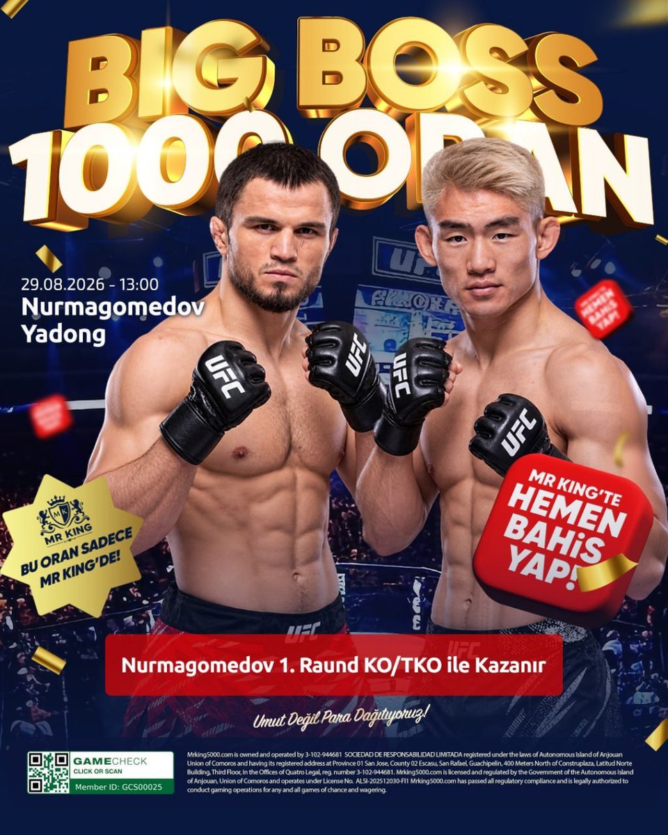Mrking_tr's tweet photo. BİG BOSS 1000 ORAAAN!

Nurmagomedov – Yadong   |   13.00
Nurmagomedov 1. rauntta KO/TKO ile kazanırsa, 
1000 oran!

Mrking Güncel Giriş Profilde!