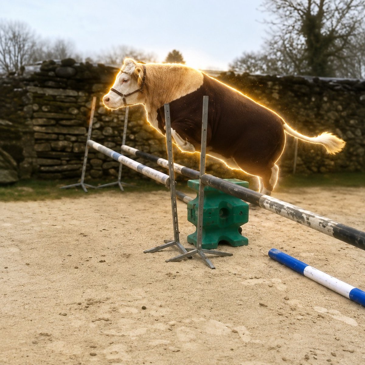 Dant3_D3vs's tweet photo. This bull named Aston is going viral for jumping obstacles meant for horses.

Rescued as a calf by a show jumping trainer, Aston grew up alongside her horse Sammy. They became best friends, and Aston started imitating him even jumping his obstacles as a 1.3 tonne bull in a horse helmet.

Nietzsche’s Übermensch is about overcoming imposed limitations and becoming something beyond what you were given.

Aston is the Übermensch Bull

$Aston