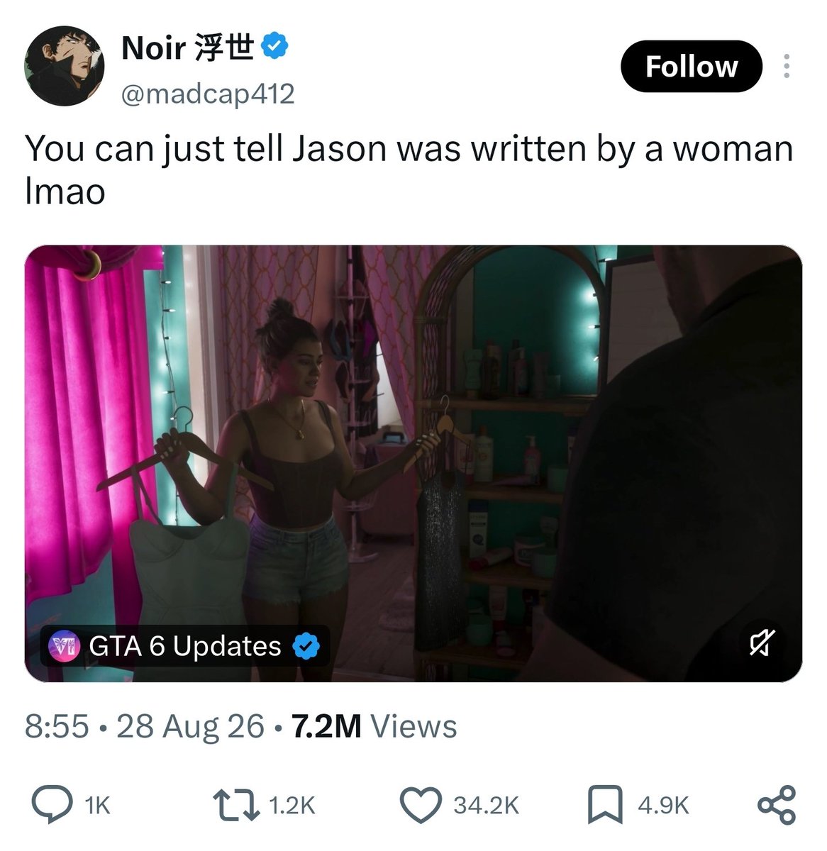 nib95_'s tweet photo. GTA 6's writers are men, but check the likes.

There's a pandemic of pathologically lonely, socially dysfunctional men on socials, who've never known a good relationship nor niceties healthy couples share.

Helps explain OnlyFans' $1.6B last year and PornHub's 30bn+ views. https://t.co/wIv1k915gj