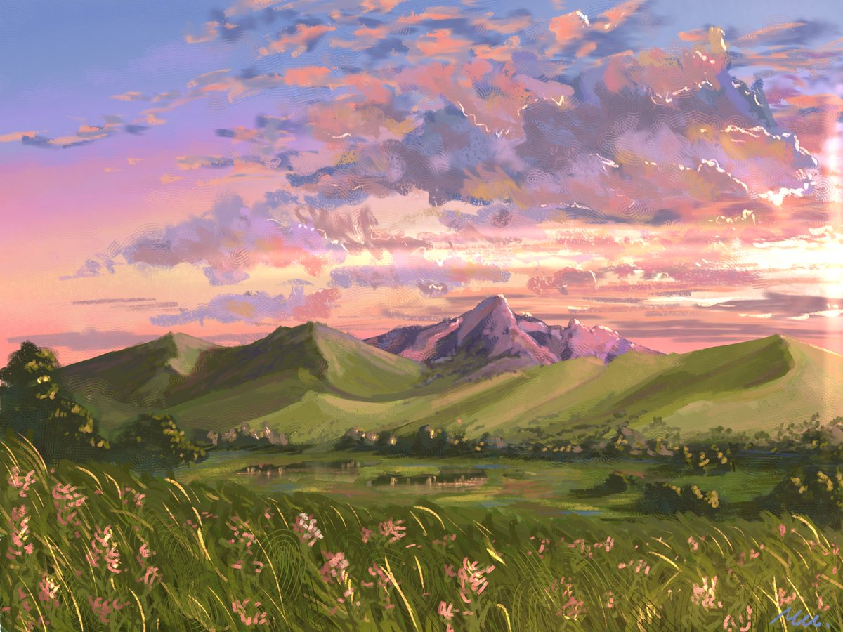 Muukun07250's tweet photo. 夕映の高原

＃風景イラスト
＃山
＃夕焼け
＃池 https://t.co/sllttPgnim