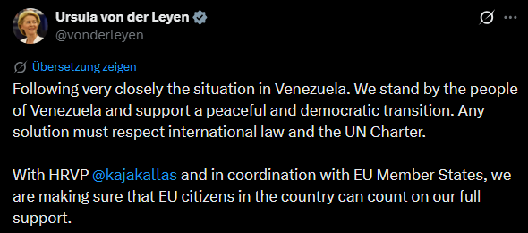 Venitroll's tweet photo. Wisst ihr noch, als die "liberale Demokratie" den USA zugejubelt hat, weil sie völkerrechtswidrig in Venezuela eingedrungen sind, Menschen getötet und den Präsident entführt haben? 

Menschen mit Gehirn haben keine Headline von heute gebraucht um zu wissen, worums den USA ging. https://t.co/f9fsreceer