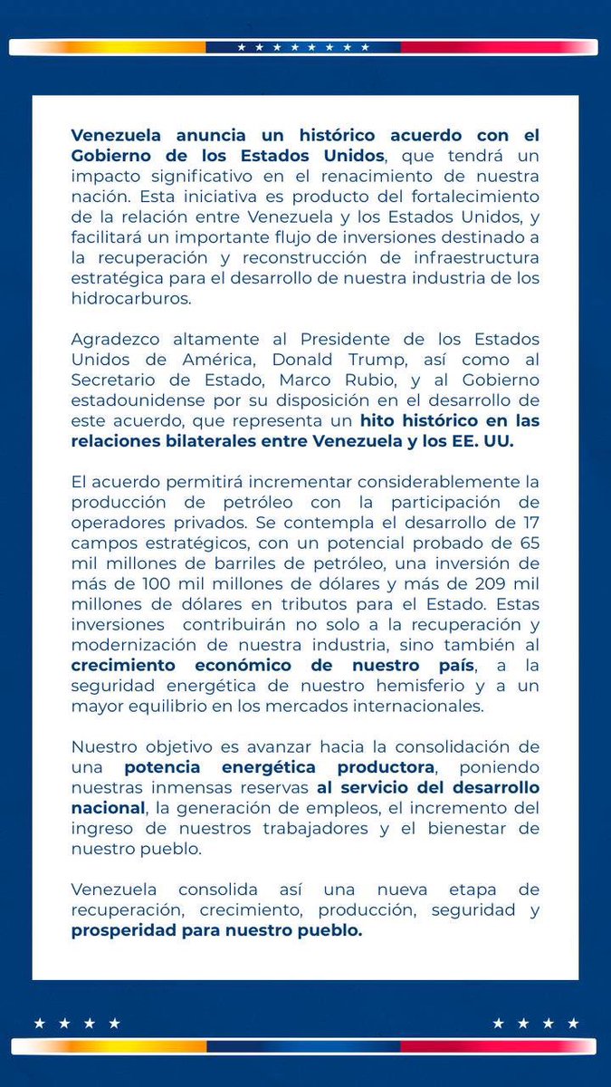 melania0880's tweet photo. 🧵 𝐌𝐄 𝐃𝐄𝐒𝐏𝐄𝐑𝐓𝐄́, 𝐕𝐈 𝐄𝐋 𝐀𝐂𝐔𝐄𝐑𝐃𝐎 𝐏𝐄𝐓𝐑𝐎𝐋𝐄𝐑𝐎 𝐘… 𝐂𝐎𝐍̃𝐎.

X explotado hablando sobre el acuerdo petrolero entre EEUU y Venezuela. Y como yo de petróleo NO SÉ NADA, me puse a leer.

Y tengo sentimientos encontrados.

Porque sí, ¿Cómo no voy a querer que entre inversión a Venezuela? ¿Cómo no voy a querer que se reconstruya la industria petrolera, que haya empleos, hospitales, electricidad, agua, carreteras y que nuestro país vuelva a levantarse? 𝐂𝐥𝐚𝐫𝐨 𝐪𝐮𝐞 𝐪𝐮𝐢𝐞𝐫𝐨.

Pero la preguntita es: ¿quién va a manejar todo ese dinero?

Porque el dinero puede entrar. Muchísimo. Pero si quienes llevan años saqueando Venezuela siguen teniendo capacidad para manejarlo, ¿qué cambia para el venezolano?

¿Quién controla los contratos? ¿Quién vigila? ¿Quién audita? ¿Quién garantiza que esa riqueza termine en hospitales, electricidad, agua, salarios y oportunidades y no en las cuentas de los mismos de siempre?

Yo sigo leyendo a gente diciendo que no tiene luz, no tiene agua, no consigue medicinas y no le alcanza el sueldo. 𝐘 𝐞𝐬𝐨 𝐩𝐞𝐬𝐚.

Quiero que Venezuela vuelva a producir. Pero sigo creyendo que no se puede reconstruir un país entregándole los recursos a quienes todavía forman parte del mismo sistema que lo destruyó.

Y entonces aparece otro nombre que llevamos días escuchando por todas partes: Alejandro Betancourt.

Vuelve a aparecer como una pieza clave en la operación y como intermediario entre Washington y Caracas. Y esto no me lo estoy inventando, así lo publicó The Washington Post, mientras sigue rodeado de investigaciones internacionales por presunto blanqueo.

¿No tenemos derecho a preguntar quién está detrás del negocio?

No voy a mirar para otro lado cuando una persona con ese historial aparece en el centro de una operación petrolera de esta magnitud.

Y aquí es donde me encuentro yo esta mañana: queriendo alegrarme, pero con una piedra en el zapato.

Porque quiero que esto funcione.

Quiero que llegue inversión.

Quiero que Venezuela vuelva a producir. 

𝐏𝐞𝐫𝐨 𝐪𝐮𝐢𝐞𝐫𝐨, 𝐬𝐨𝐛𝐫𝐞 𝐭𝐨𝐝𝐨, 𝐪𝐮𝐞 𝐞𝐥 𝐯𝐞𝐧𝐞𝐳𝐨𝐥𝐚𝐧𝐨 𝐯𝐞𝐚 𝐥𝐨𝐬 𝐫𝐞𝐬𝐮𝐥𝐭𝐚𝐝𝐨𝐬.

No quiero otra operación millonaria que termine enriqueciendo a 4 mientras el ciudadano sigue haciendo cola para conseguir gasolina, buscando medicinas o rezando para que hoy no se vaya la luz.

Así que no voy a salir diciendo que esto es maravilloso.

Tampoco voy a decir que vendieron Venezuela entera.

Todavía hay demasiadas cosas que necesitamos saber.

Y ahora voy con Trump,
Donald…

Yo entiendo que tengas que utilizar lenguaje diplomático. Entiendo que quieras hablar de acuerdos, estabilidad y relaciones bilaterales.

Pero, coño, Trump.

¿“Highly Respected Interim President of Venezuela”? 🤦🏻‍♀️

¿En serio?

Esa “respetada presidenta interina” fue vicepresidenta de Nicolás Maduro. Fue una pieza fundamental de ese régimen del que tú mismo has hablado. El mismo régimen del que, después de la captura de Maduro, ahora dices estar ayudando a desmontar.

Hay cosas que uno entiende por diplomacia y hay otras que, sinceramente, dan ganas de vomitar.

Porque cuando quieres llamar a alguien dictador, criminal o enemigo de EEUU, no precisamente te tiemblan los adjetivos.

Y dicho esto: si este acuerdo sirve para que Venezuela vuelva a producir, se reconstruya y el venezolano empiece finalmente a vivir mejor, seré la primera en reconocerlo.

Pero mientras tanto, yo no voy a entregar un cheque en blanco a nadie.

Ni a Trump.
Ni a Delcy.
Ni a Betancourt.
Ni a ningún empresario.

Porque después de todo lo que hemos vivido, ya aprendimos una cosa:

tener petróleo no garantiza tener país.

Lo que importa es quién lo administra, quién lo controla y, sobre todo, quién termina beneficiándose.

Así que hoy no estoy celebrando.

Estoy mirando.

Porque esto puede ser una oportunidad histórica.

O puede ser otro negocio histórico.

Y entre una cosa y la otra…

hay una letra pequeña que todavía quiero leer.

#LosHilosDeMelania