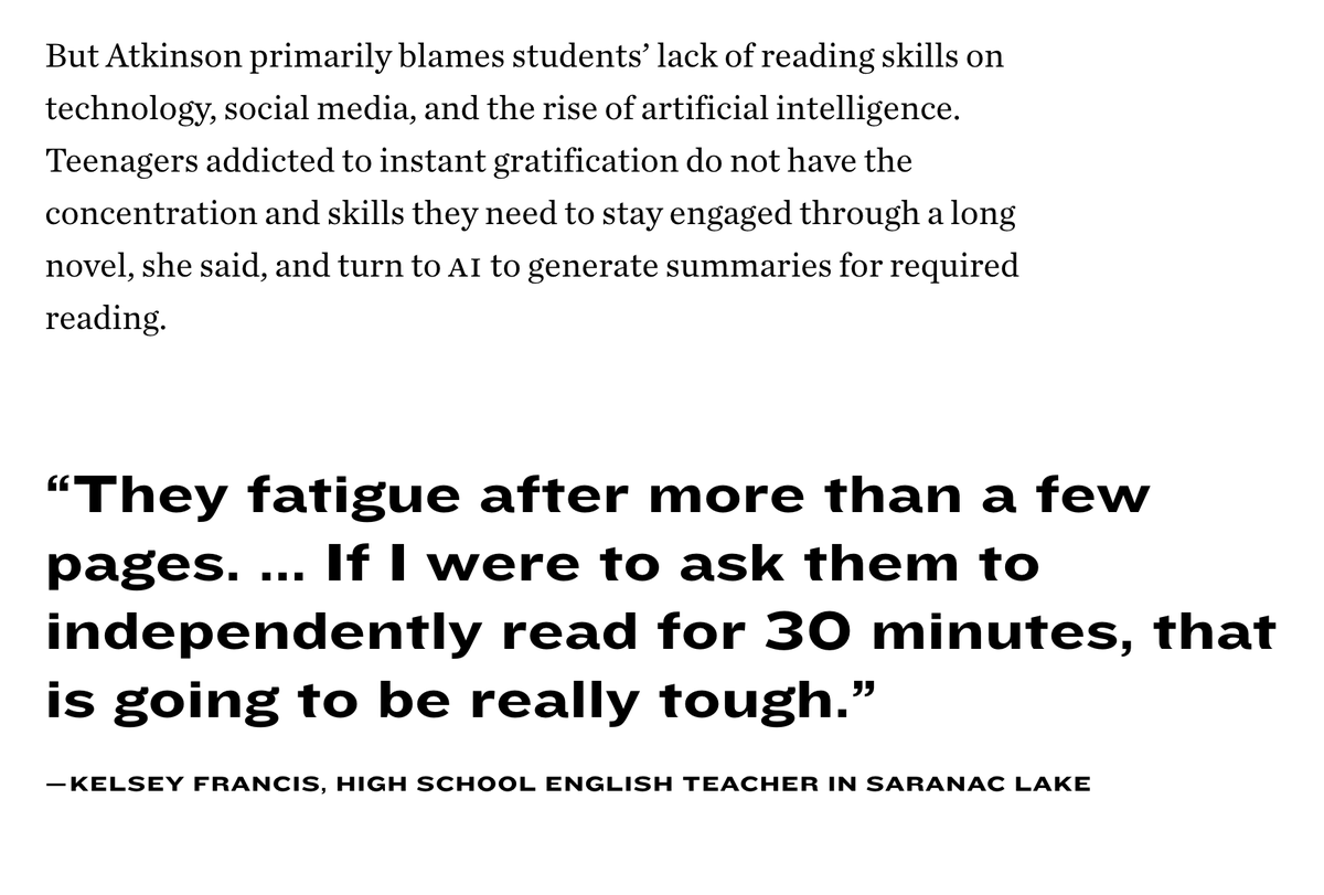 karenvaites's tweet photo. My greatest fear is that concern about kids' capacity to engage with whole books will become a self-fulfilling prophecy. 

I can share plenty of evidence to put pressure on this teacher's statement, such as the recent RAND study.

But you hear this all the time, the perception that kids capacity to read books has been altered by the technology landscape.

If everyone stops assigning books because they believe kids can't work with whole books, they will contribute to making it so.
