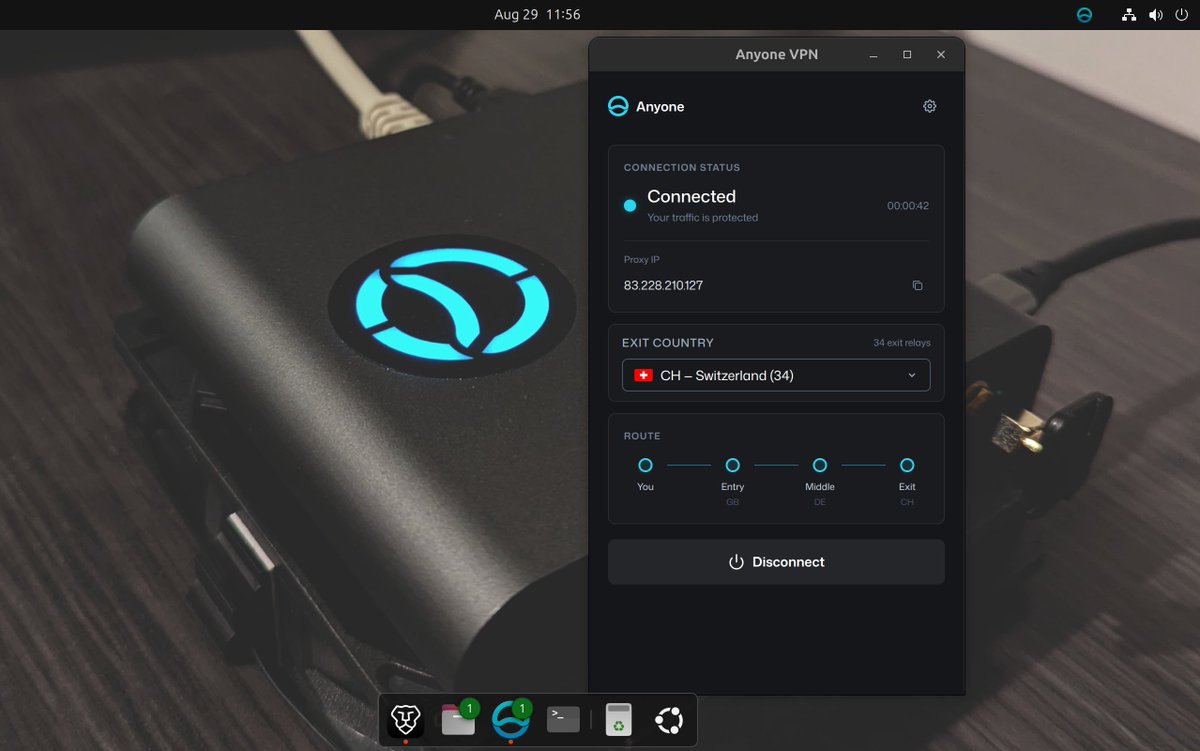 anonpgomes's tweet photo. Your VPN provider knows exactly where you are.

Mine doesn't.

3-hop routing - Entry, Middle, Exit - three independent relays, three different jurisdictions, and none of them holding the whole picture.

The Anyone desktop VPN app is live.

Decentralized #privacy infrastructure, packaged with a UI your mom could use.

https://t.co/OGY3hfbhGz

@AnyoneFDN 

$ANYONE #VPN #DePIN