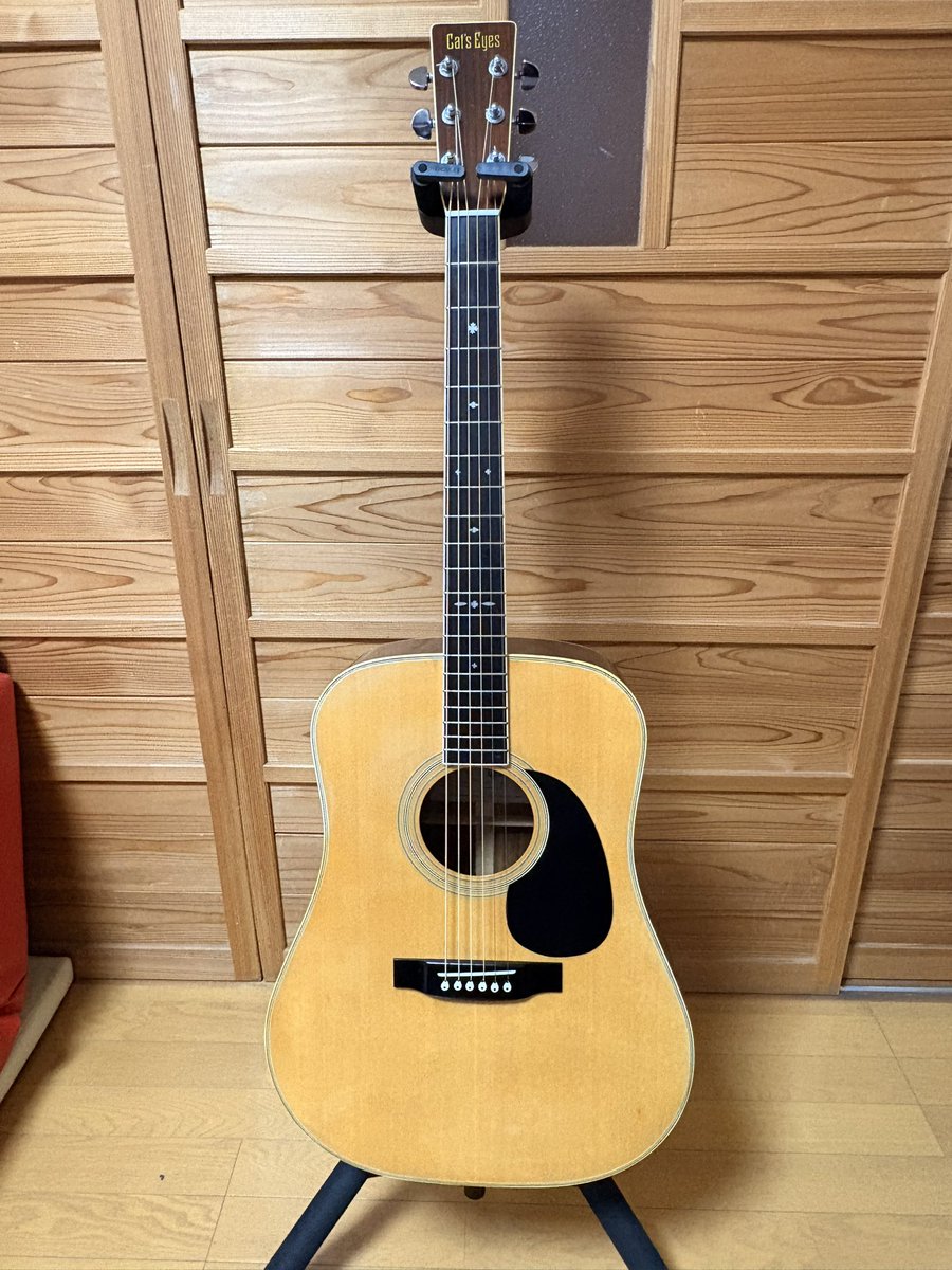 ito_MD28's tweet photo. D28がいなくなって寂しい思いをしていたところに、いつもお世話になっている方からこんなギターを譲っていただきました✨😭
指板のポジションがその名の通り猫の目( ΦωΦ )みたいでかわいいのです！
ジャパンヴィンテージ😻
Martinの構造や製法を徹底的に研究して作られたギターだそうです。 https://t.co/6F9tUJogsZ