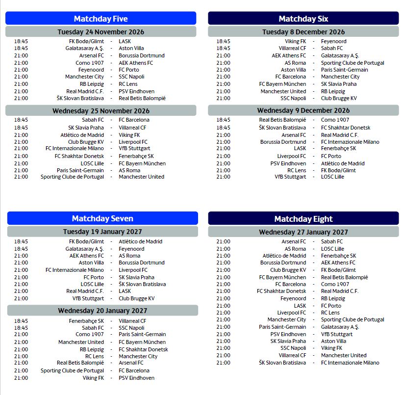 FT_Total's tweet photo. Ya se conoce el CALENDARIO OFICIAL de los partidos de esta próxima Fase de Liga en la Champions League 2026/27. #UCL #UCLFixtures #ChampionsLeague https://t.co/trITD28dGC