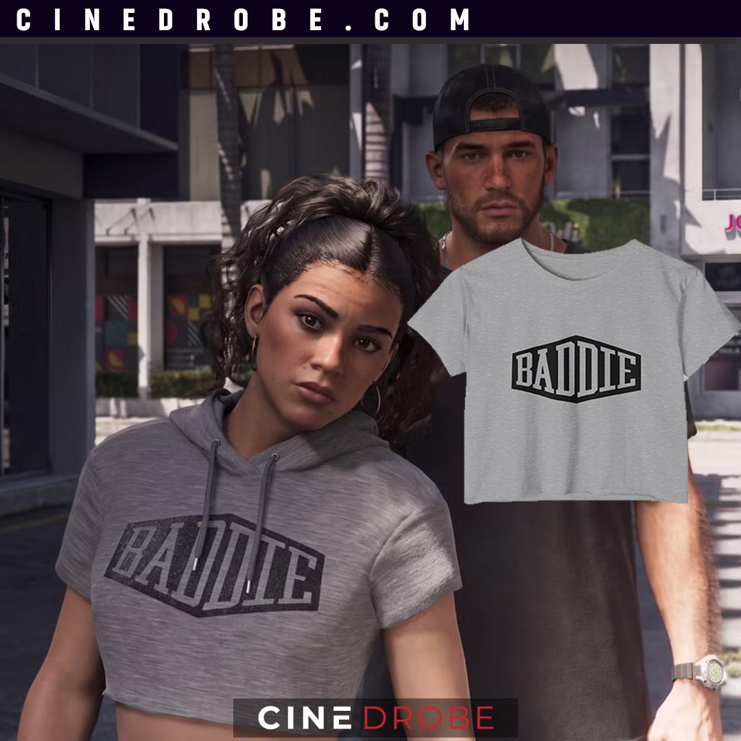 cinedrobe's tweet photo. BADDIE. 👀

If you noticed Lucia’s look in the GTA 6 Extended Trailer, you already know the one.

We recreated the BADDIE cropped T-shirt inspired by her look.

GTA 6 Lucia’s Baddie Cropped T-Shirt: https://t.co/QBdVUKslfb https://t.co/zs1isZHEr8