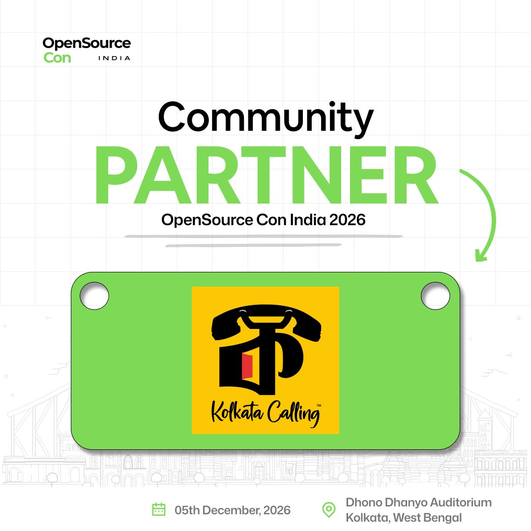 OpenSourceConIN's tweet photo. Where the spirit of the city inspires open-source innovation! 💥
@kolcal033  joins as our Community Partner for Open Source Con India 2026! 🚀
Answer the call and build the future—register now! ⚡️ #OSCI2026 #KolkataCalling #OpenSource #KolkataTech https://t.co/LDS8aID9sv