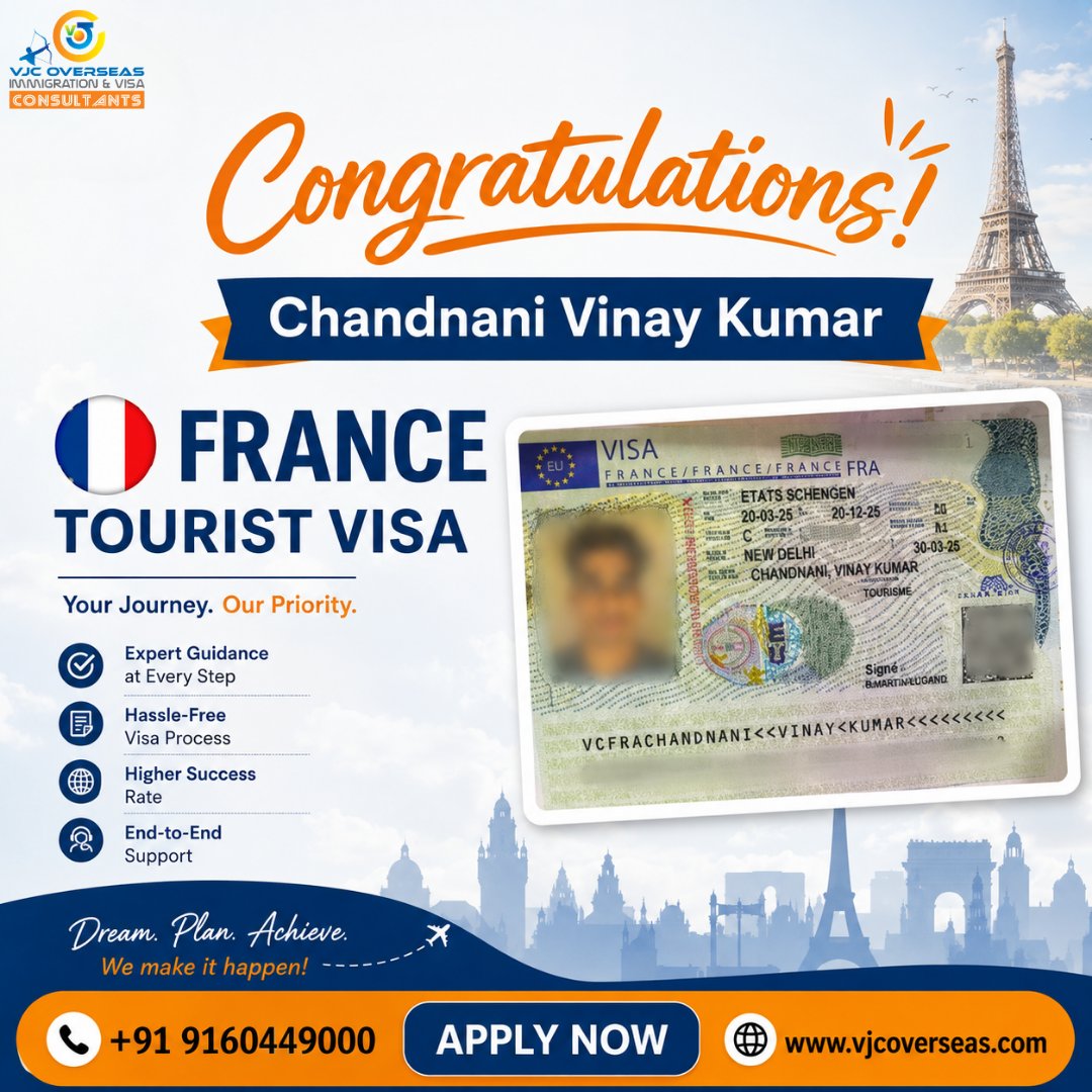 VJCOVERSEAS's tweet photo. Congratulations to Chandnani Vinay Kumar on successfully receiving the France Tourist Visa!
Dream big, travel far, and create unforgettable memories.
VJC Overseas – Your Journey, Our Priority!
📞 +91 9160449000 | 🌐 https://t.co/Ujp91x1yys
#FranceVisa #VisaSuccess https://t.co/DJB1592OqV