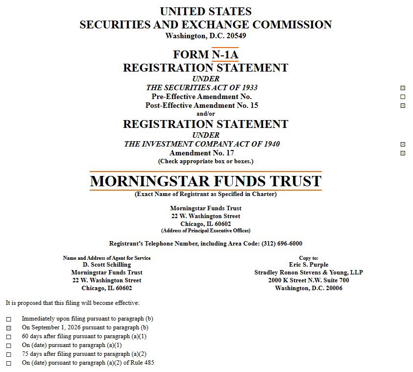XrpUdate's tweet photo. $XRP CONTINUES ITS MOVE INTO TRADITIONAL FINANCE.

Morningstar Funds Trust has filed a new post-effective amendment with the SEC tied to its fund lineup, which includes the Cyber Hornet S&amp;P 500 &amp; XRP 75/25 Strategy ETF. ✅ https://t.co/VhqBuyHpck