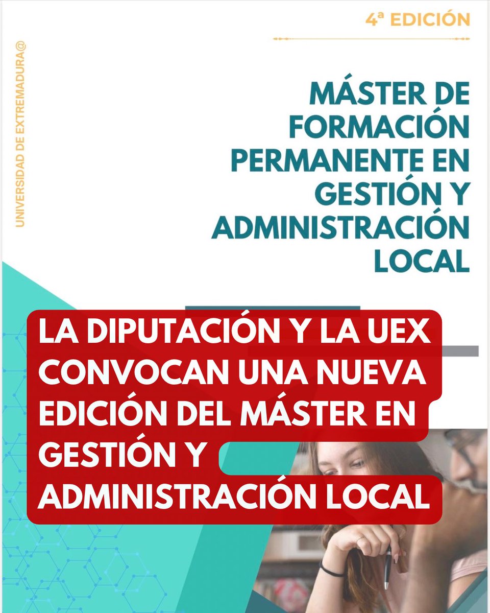 DiputacionCC's tweet photo. 📚🏛️ Nueva edición del Máster en Gestión y Administración Local de la @DiputacionCC y la @infouex.

📝 Preinscripción: del 1 al 11 de septiembre
👥 25 plazas
📅 Oct. 2026 - Jul. 2027

📧 masterlocal@unex.es
🔗 https://t.co/gSoe9Gp6Vt https://t.co/lWXYMixfi6