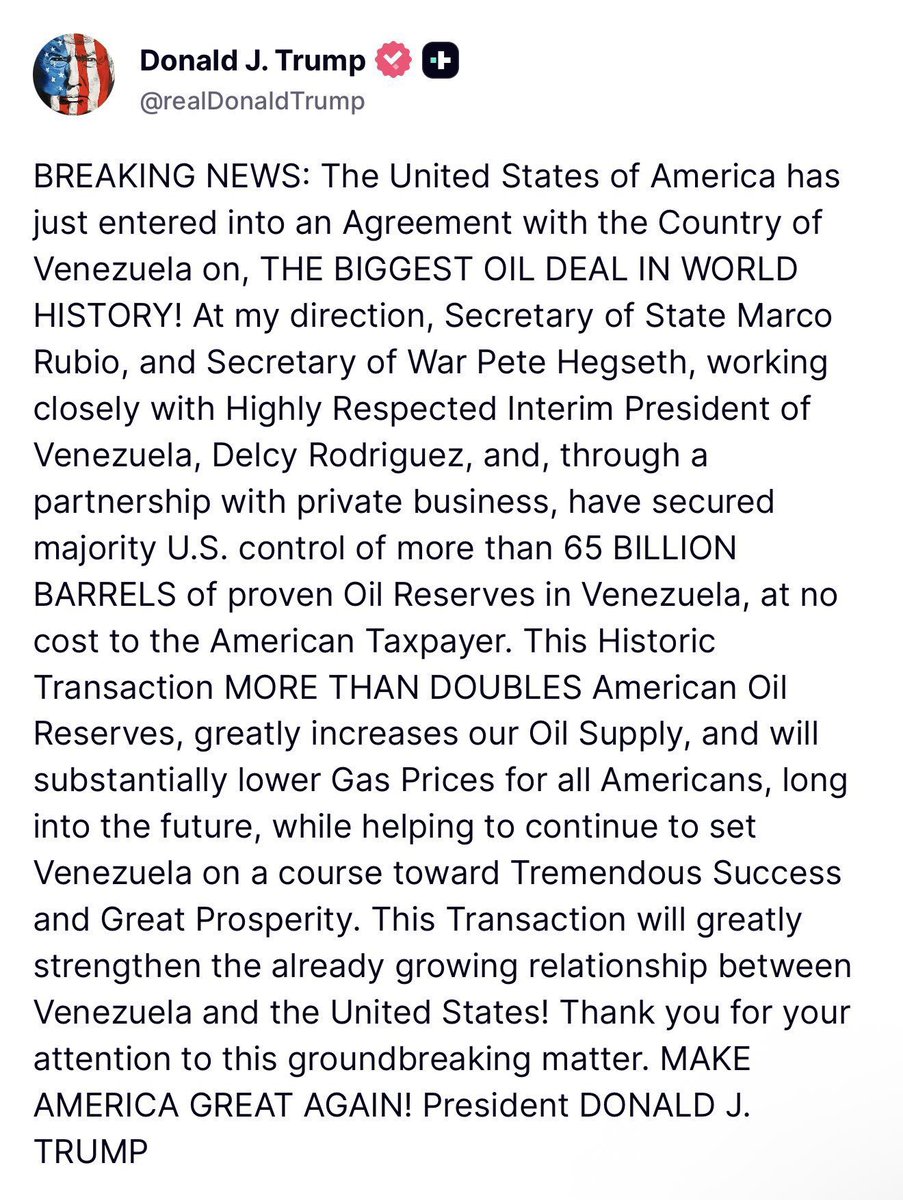 aj_inapi's tweet photo. WHEN FOLKS SEE THESE TYPES OF ANNOUNCEMENTS FROM PRESIDENT TRUMP, MANY JUST TAKE IT AS ANOTHER POST ON TRUTH SOCIAL.

But slow down and look at what is actually happening.

This Venezuela oil agreement is not just about oil.

It is about geopolitical leverage.

It is about reducing America's exposure to hostile regimes.

It is about strengthening America's position in the Western Hemisphere.

It is about bringing enormous energy reserves closer to the American economic system.

It is about creating another layer of protection against instability in the Middle East.

And ultimately, it is about putting the United States in a stronger position to dictate terms instead of constantly reacting to everyone else.

Think about the strategy.

If America can increase access to Venezuelan crude while continuing to expand domestic production, it potentially weakens the leverage of hostile oil-producing nations.

More supply can pressure global oil prices.

Lower oil prices can eventually mean lower gasoline and diesel prices.

Lower diesel costs reduce trucking and freight expenses.

Lower transportation costs reduce pressure on food, agriculture, manufacturing and retail.

That feeds directly into the cost of living for ordinary Americans.

And when households spend less filling their tanks, they have more money available for groceries, housing, travel, businesses and everything else that drives the American economy.

Then there is the strategic side.

For decades, American foreign policy has often been forced to consider how disruptions thousands of miles away could affect energy markets at home.

Expanding reliable supply within the Western Hemisphere changes that equation.

Not overnight.

Not magically.

But structurally.

And that is what people often miss when President Trump posts something like this.

He is not simply talking about what happens next Tuesday.

He is trying to reposition the country for the next decade.

Energy.

Manufacturing.

Trade.

Artificial intelligence.

Critical minerals.

Defense.

Supply chains.

Foreign investment.

Domestic investment.

Border security.

All of these things eventually connect.

That does NOT mean every Trump policy will succeed.

It does NOT mean oil automatically falls below $50.

It does NOT mean gasoline instantly drops to $2.

And it certainly does not mean every Republican in Washington is aligned with him.

In fact, one of the biggest political realities of this administration has been the resistance President Trump has faced not only from Democrats, but also from members of his own party who disagree with significant parts of his agenda.

That internal fight matters.

Because a president can negotiate, issue executive actions and shape foreign policy, but Congress still controls enormous parts of taxation, spending, regulation and legislation.

So when you see announcements like this, don't just read the headline.

Look at the chessboard.

Look at energy independence.

Look at the Western Hemisphere.

Look at American manufacturing.

Look at inflation.

Look at supply chains.

Look at the competition with China.

Look at where America could be positioned by 2028 if even a substantial portion of this strategy succeeds.

That is the bigger picture.

And whether someone supports Trump or not, that is the debate Americans should actually be having heading into the midterms.

Vote Republicans in November folks. Give the man the leverage to finish what he's started.

That's all I can say.
