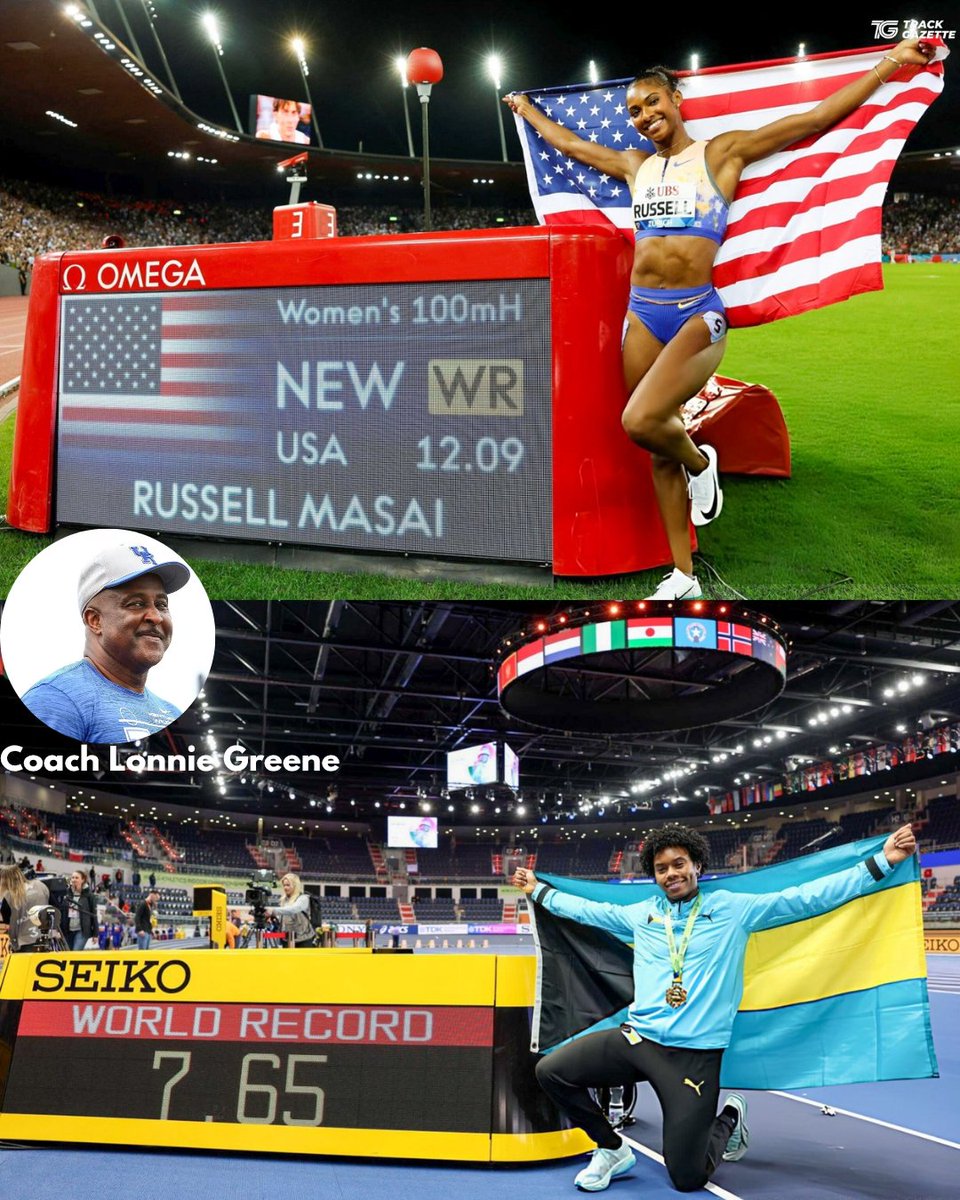 TrackGazette's tweet photo. Coach Lonnie Greene led two women to World Records in the 60mH & 100mH in 2026!🔥

🇺🇸 Masai Russell - 12.09 (100mH)
🇧🇸 Devynne Charlton - 7.65 (60mH)

Greene has coached multiple Olympic & World Champions in the sprints and is the Head Coach at the University of Kentucky.

Charlton first set the 60mH World Record under Greene in 2024.