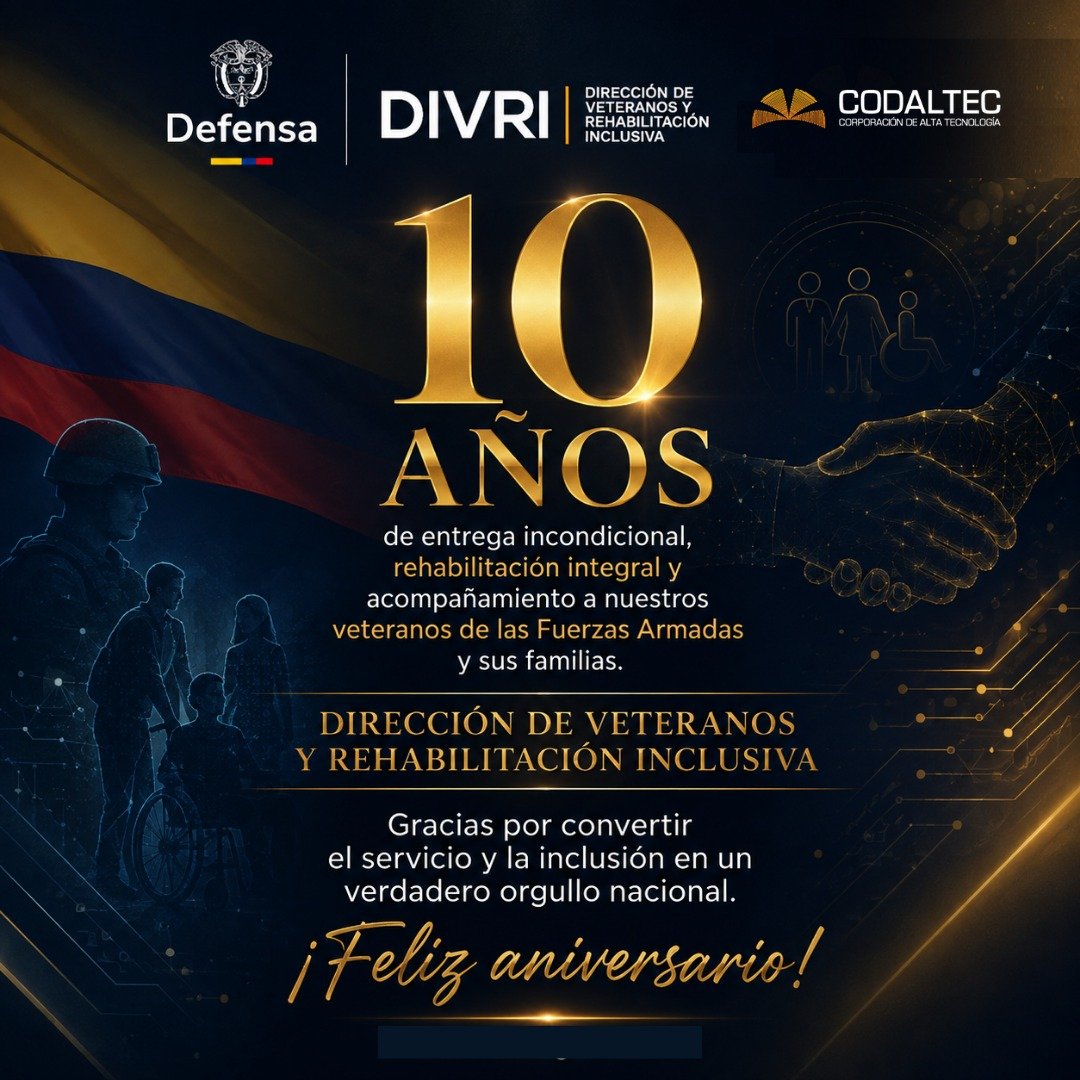 Codaltec's tweet photo. 🎉 ¡Feliz 10.º aniversario, @divriveteranos! 🇨🇴

Reconocemos 10 años de compromiso con nuestros veteranos y sus familias, promoviendo la rehabilitación, la inclusión y el bienestar.

¡Gracias por su invaluable labor y vocación de servicio! 💙🇨🇴

#10Años #Veteranos https://t.co/74ZcZSaOsn
