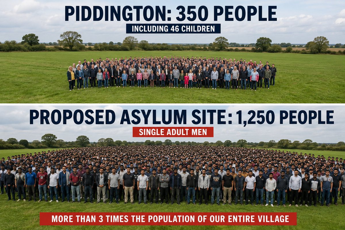 PiddingtonTom's tweet photo. Piddington has around 350 residents. The Government proposes accommodating around 1,250 single adult men beside our village.
I created this account because this is affecting my wife Lizzy, our children and families across Piddington. We need people to hear us. https://t.co/Rvp8Yv48eh