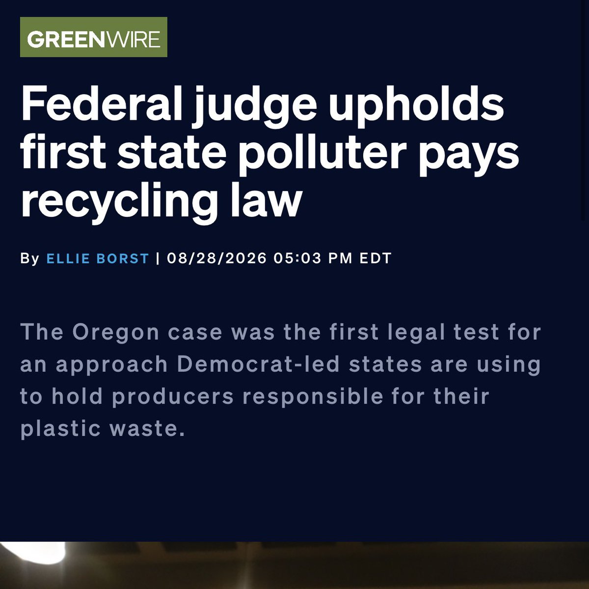 ChrisVanHollen's tweet photo. This is big! A federal court just upheld Oregon's law to make polluters pay for the damage they’ve done.

Now we must pass my Polluters Pay Act &amp; bring this model nation-wide.

It's simple: When polluters trash our environment, they should be the ones cleaning it up. https://t.co/nVUatoetZn