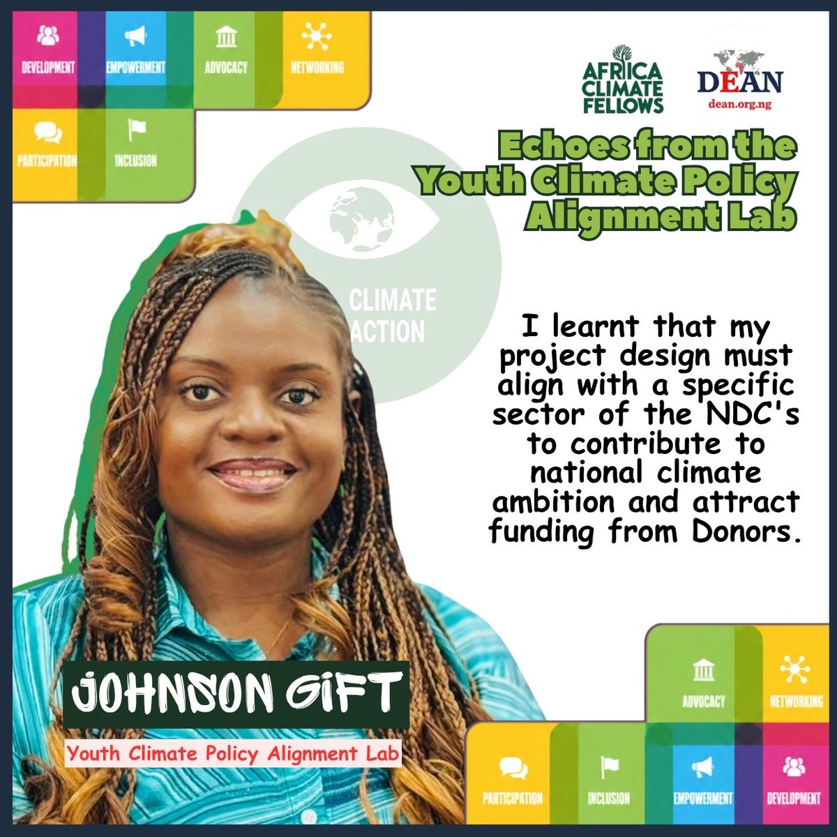 DEANinitiative's tweet photo. Reflections from the youth climate policy alignment lab from our participants. Part 4

#YCPALab #AfricaClimateFellows #Deaninitiative

@Climategovng @AfCliFellows https://t.co/iiqSygnXEF